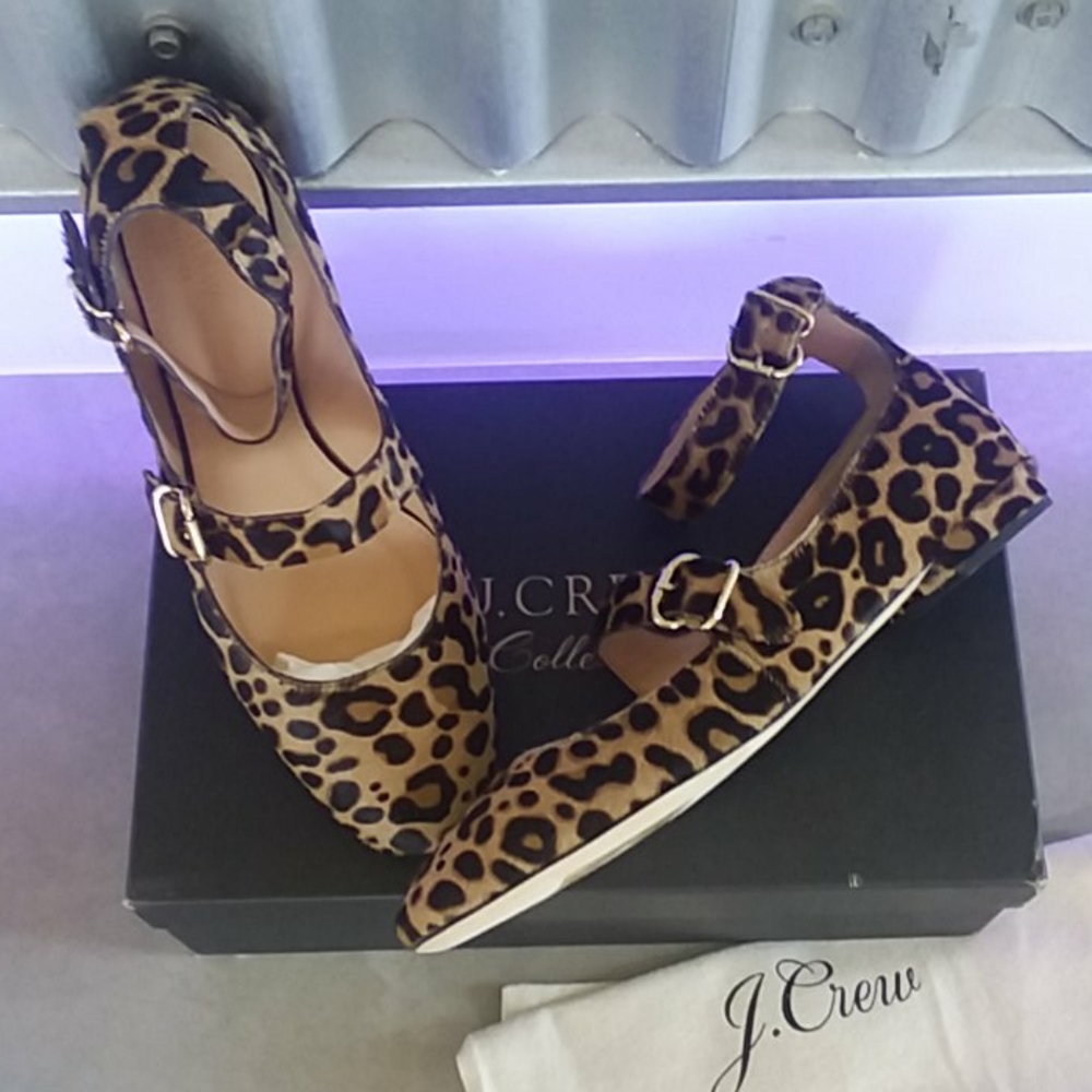 J Crew double strap flats leopard calf hair